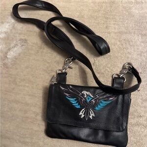 Black Leather Crossbody Bag with Embroidered Design